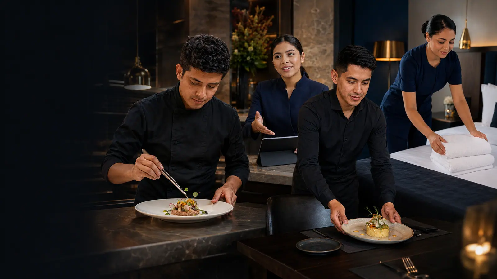 Profesionales de cocina, recepción, habitaciones y servicio de mesa